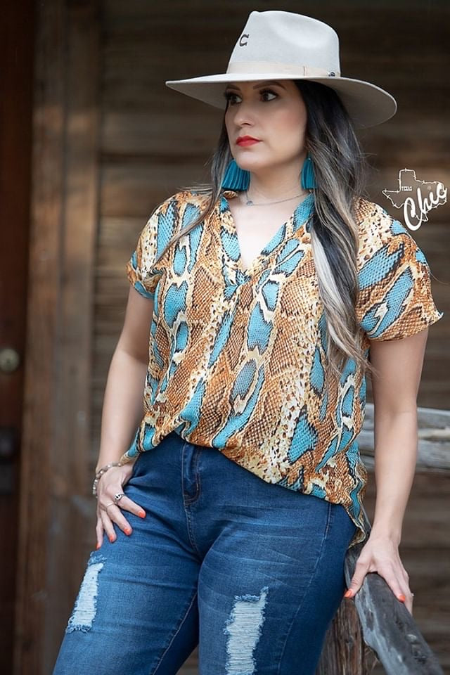 Teal V neck Snake Top