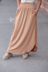 Camel Smocked Waist Maxi Skirt