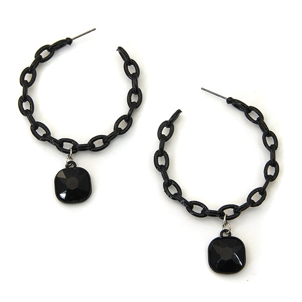 Black Gem Chain Hoop Earrings