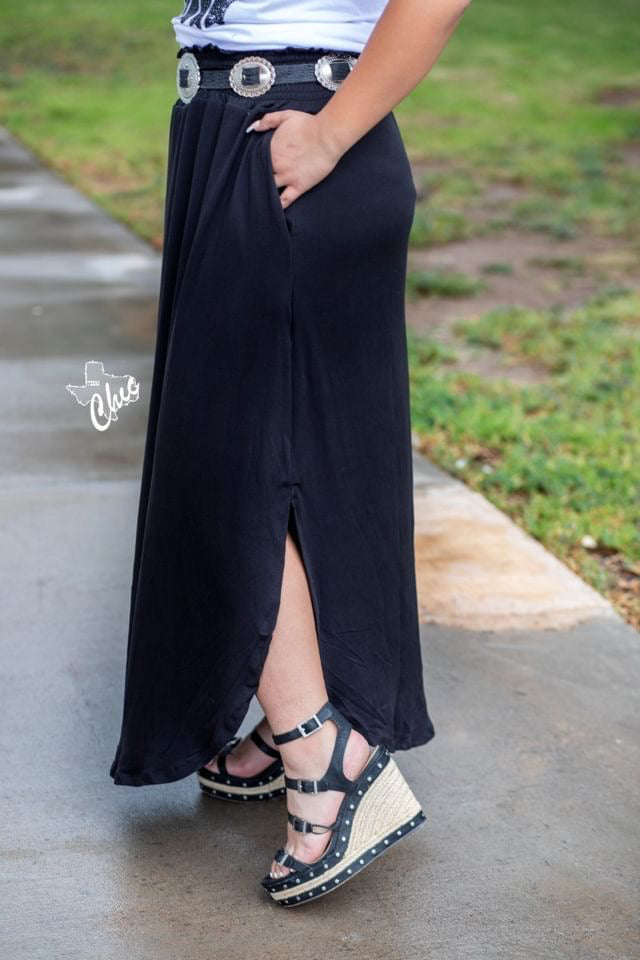 Black Smocked Waist Maxi Skirt