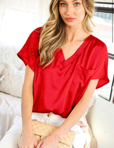 Red Satin V-Neck Top