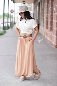 Camel Smocked Waist Maxi Skirt