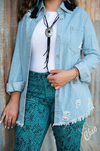 distressed denim button up shirt