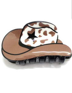 Western hat cow print hair clip in brown