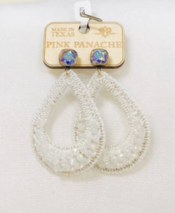 10mm AB crystal post white woven teardrop earrings