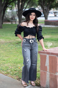 Black crop wide leg jean