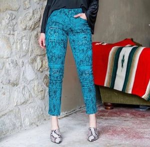 Turquoise Snake Print Moto Jeggings